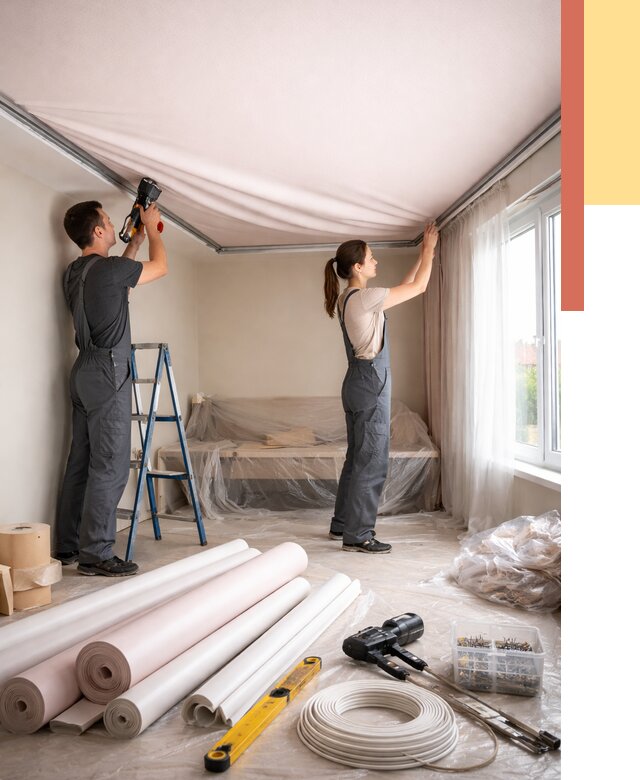 Монтаж цветного натяжного потолка в Чапаевске от 4290 руб/м² — быстро и недорого | ОТДЕЛОЧНИК-Чпв