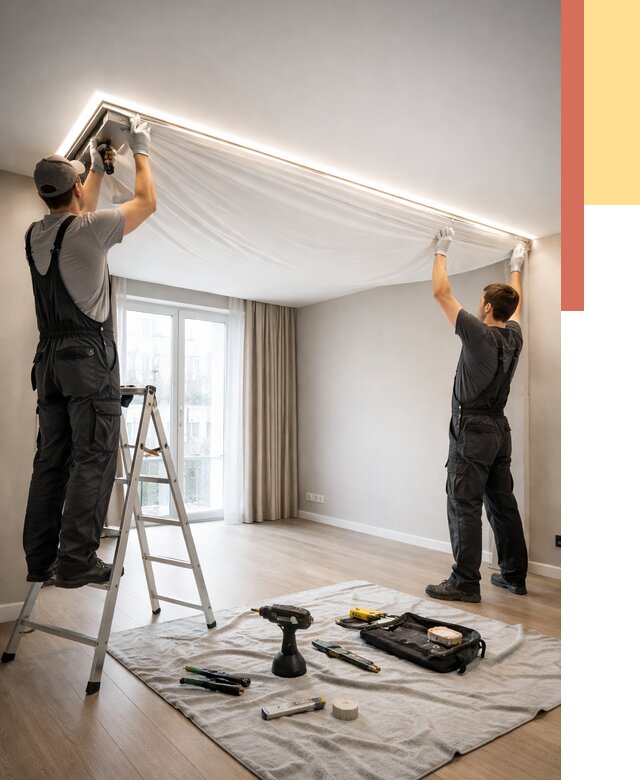 Монтаж парящего натяжного потолка в Чапаевске от 4597 руб. быстро и недорого | ОТДЕЛОЧНИК-Чпв