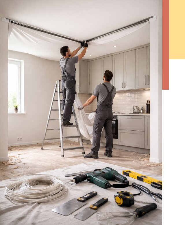 Установка натяжного потолка на кухне в Чапаевске от 2452 руб. | ОТДЕЛОЧНИК-Чпв