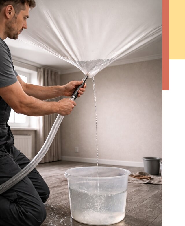 Слив воды с натяжного потолка в Чапаевске от 2554 руб. быстро и недорого | ОТДЕЛОЧНИК-Чпв